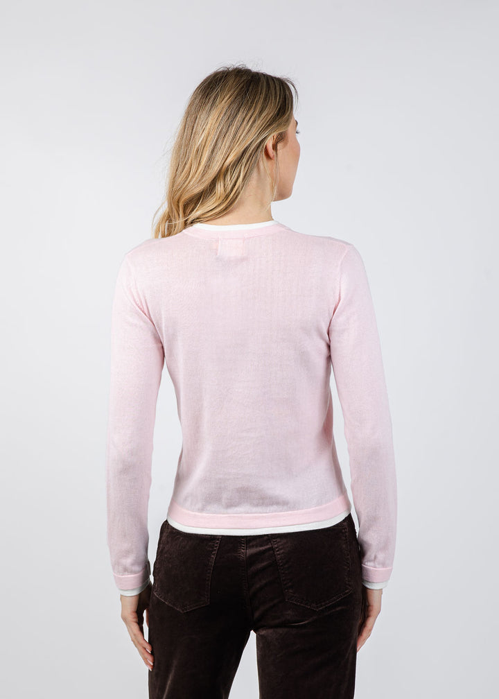 Brodie Double Contrast Trim Crew Sweater in Ballerina/Ivory available at Barbara Katz
