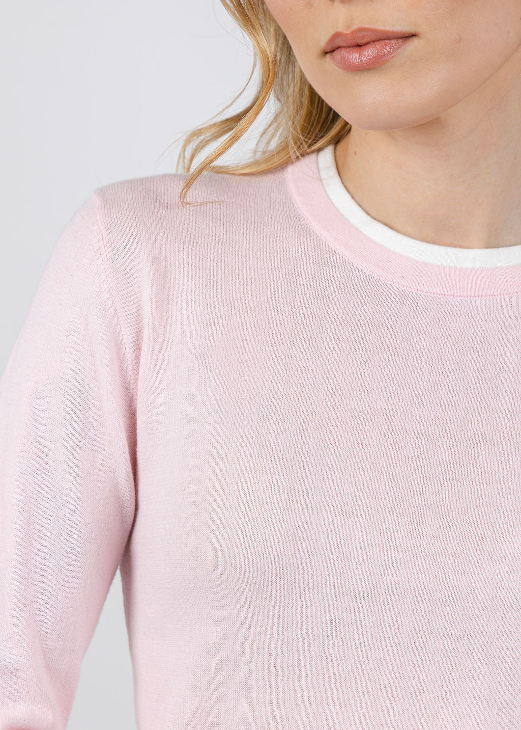 Brodie Double Contrast Trim Crew Sweater in Ballerina/Ivory available at Barbara Katz