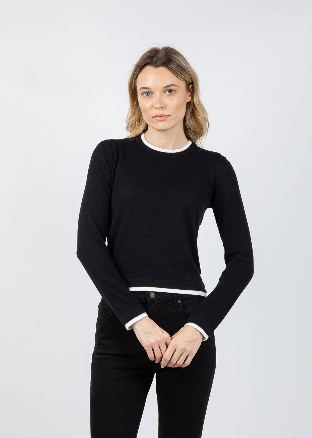Brodie Double Contrast Trim Crew Sweater in Black/Ivory available at Barbara Katz