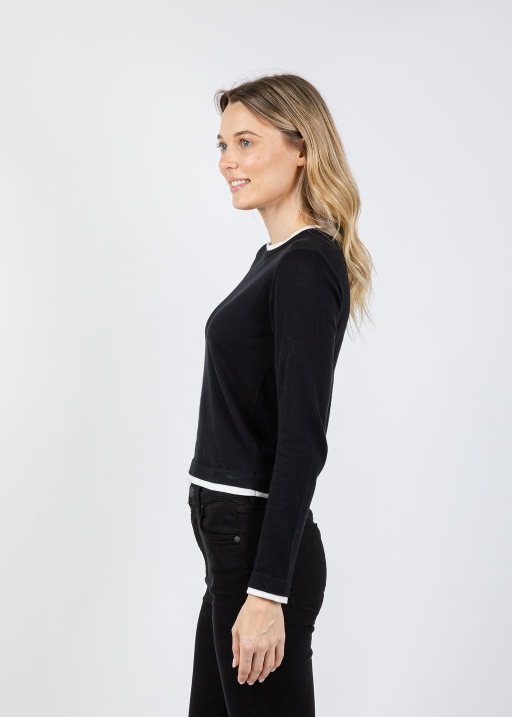 Brodie Double Contrast Trim Crew Sweater in Black/Ivory available at Barbara Katz