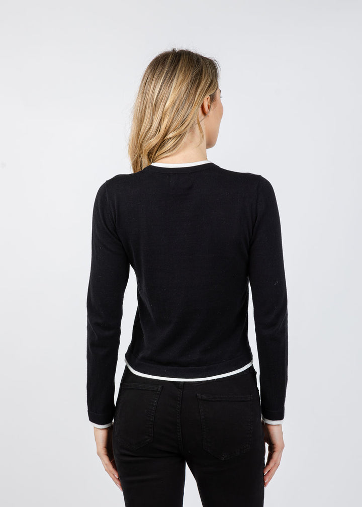 Brodie Double Contrast Trim Crew Sweater in Black/Ivory available at Barbara Katz