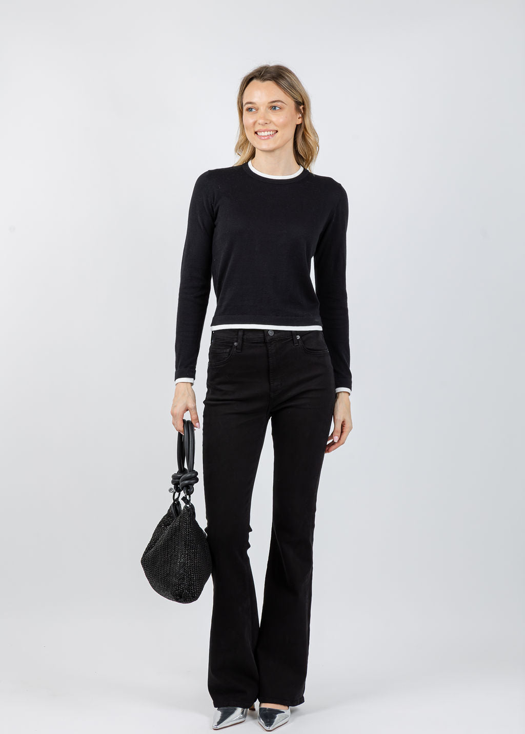 Brodie Double Contrast Trim Crew Sweater in Black/Ivory available at Barbara Katz