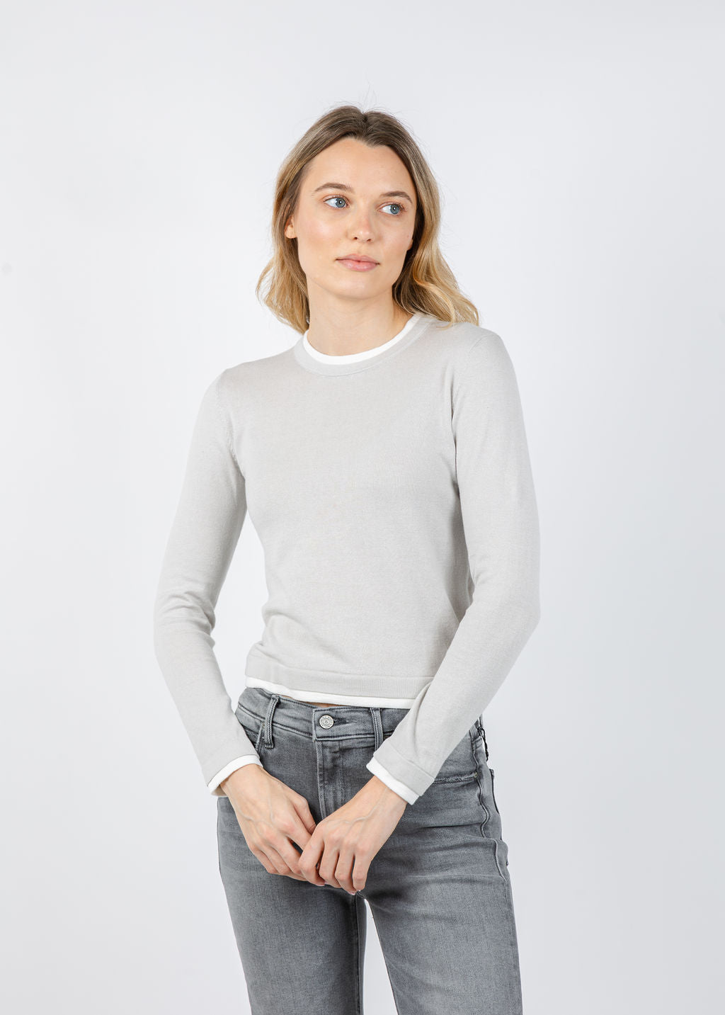 Brodie Double Contrast Trim Crew Sweater in Dove/Ivory available at Barbara Katz