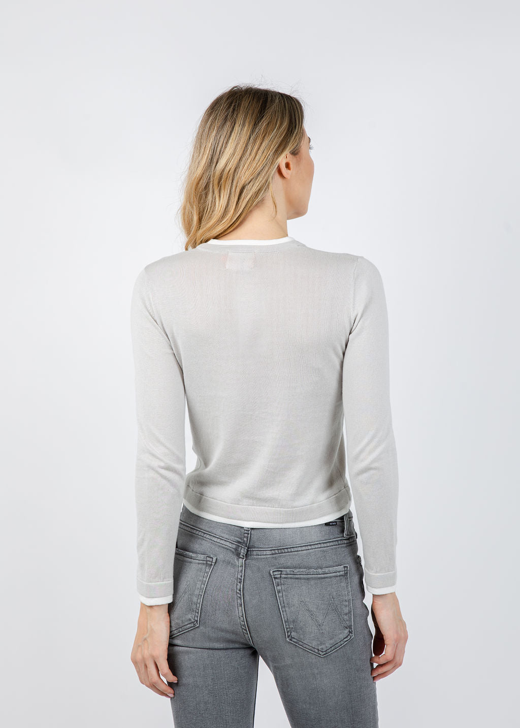 Brodie Double Contrast Trim Crew Sweater in Dove/Ivory available at Barbara Katz