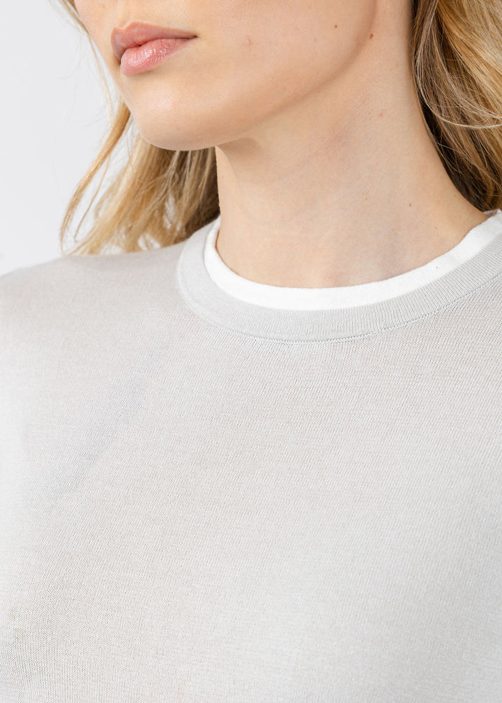 Brodie Double Contrast Trim Crew Sweater in Dove/Ivory available at Barbara Katz