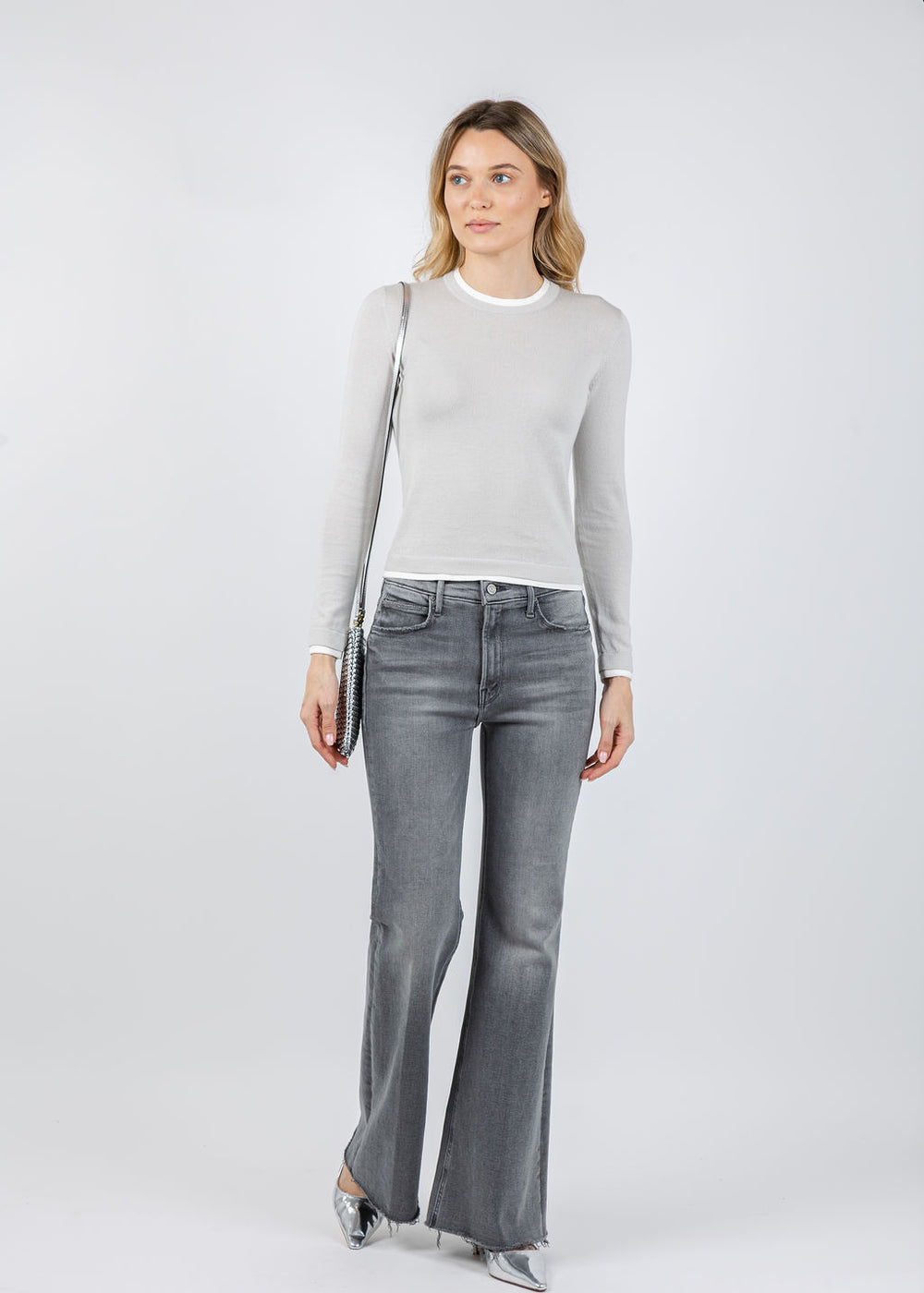 Brodie Double Contrast Trim Crew Sweater in Dove/Ivory available at Barbara Katz