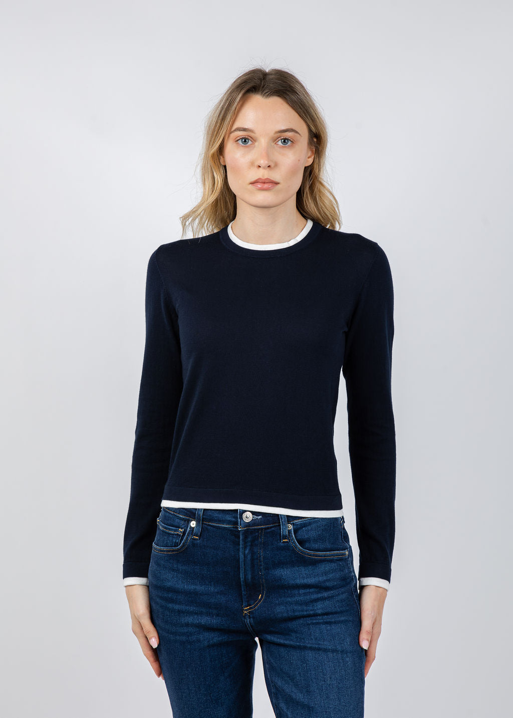 Brodie Double Contrast Trim Crew Sweater in Navy/Ivory available at Barbara Katz