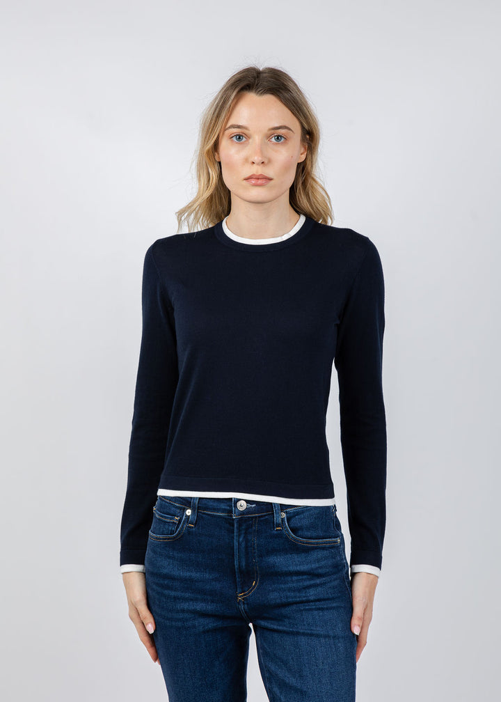 Brodie Double Contrast Trim Crew Sweater in Navy/Ivory available at Barbara Katz