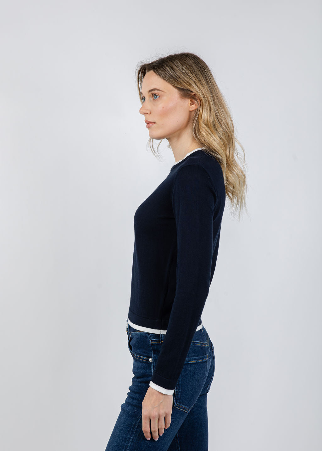 Brodie Double Contrast Trim Crew Sweater in Navy/Ivory available at Barbara Katz