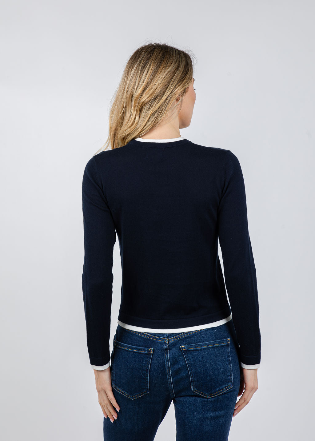 Brodie Double Contrast Trim Crew Sweater in Navy/Ivory available at Barbara Katz