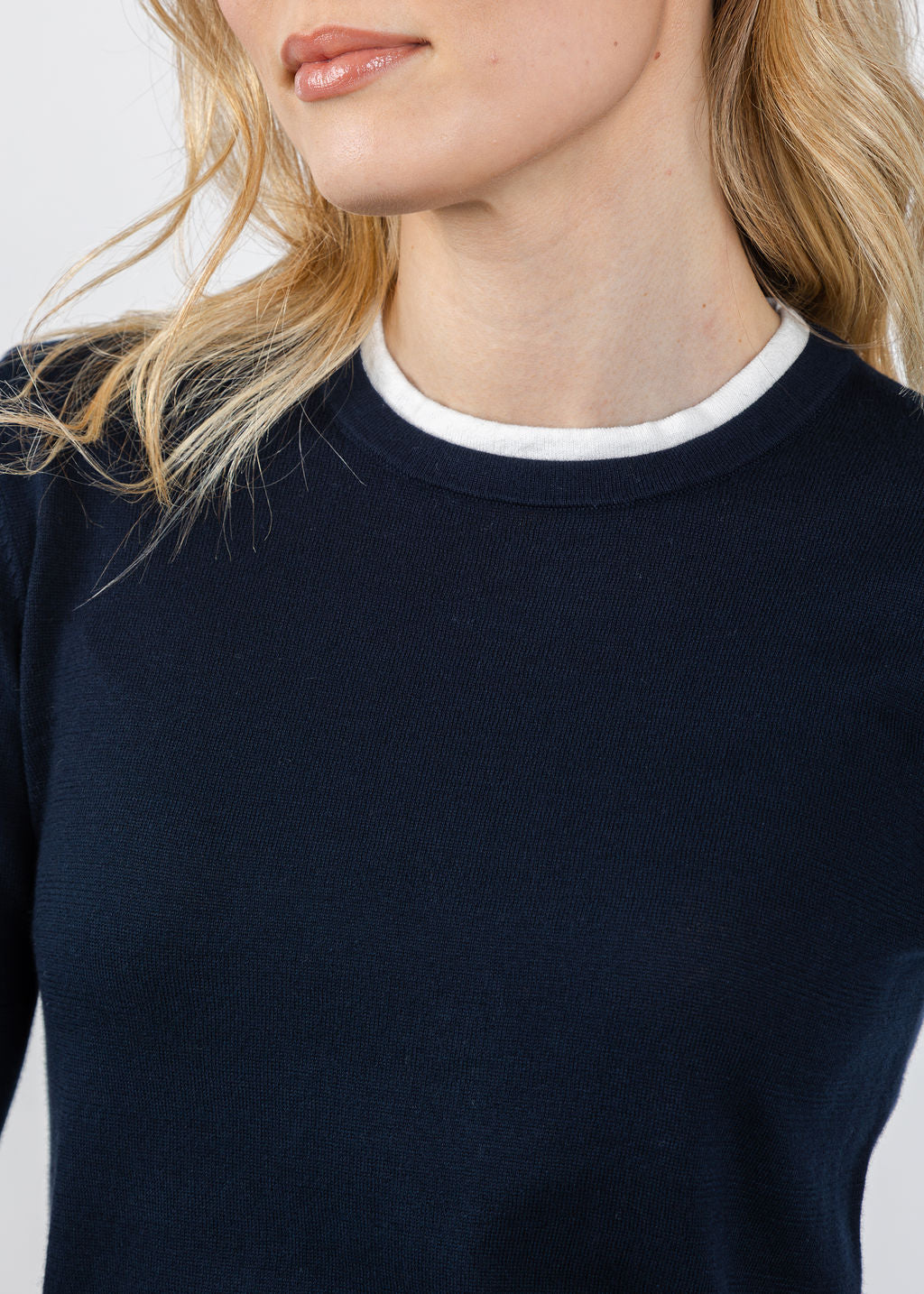 Brodie Double Contrast Trim Crew Sweater in Navy/Ivory available at Barbara Katz