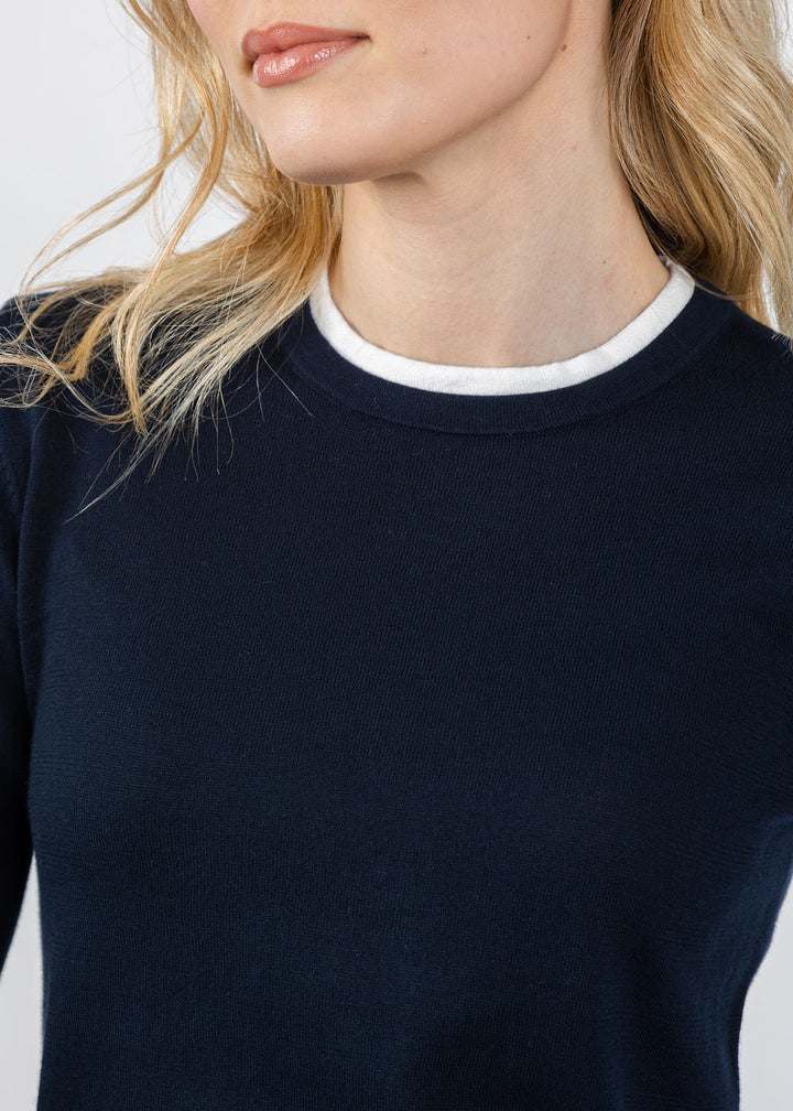 Brodie Double Contrast Trim Crew Sweater in Navy/Ivory available at Barbara Katz