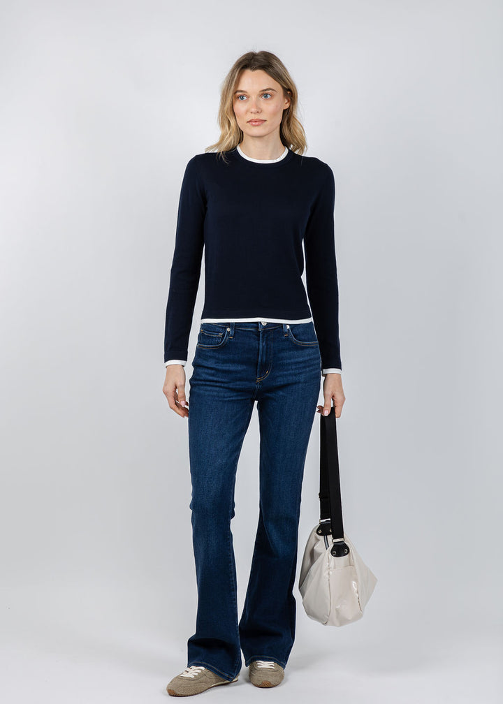 Brodie Double Contrast Trim Crew Sweater in Navy/Ivory available at Barbara Katz