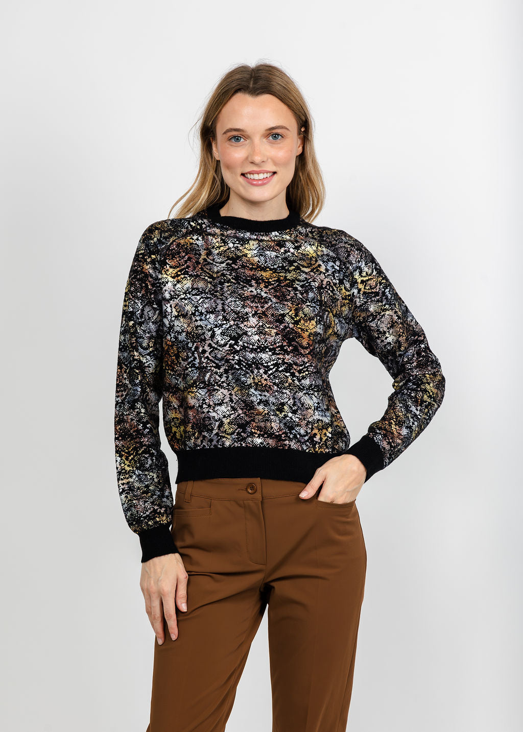 Brodie Felicity Foiled Snake Crew Sweater - Black available at Barbara Katz