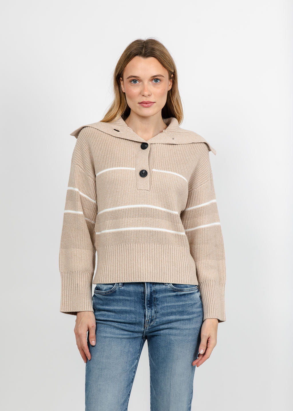 Brodie Half Cardi Striped Polo - Latte Marl/Wispr White available at Barbara Katz