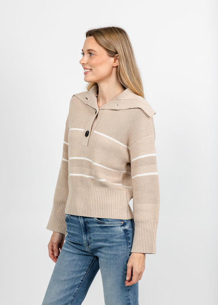 Brodie Half Cardi Striped Polo - Latte Marl/Wispr White available at Barbara Katz
