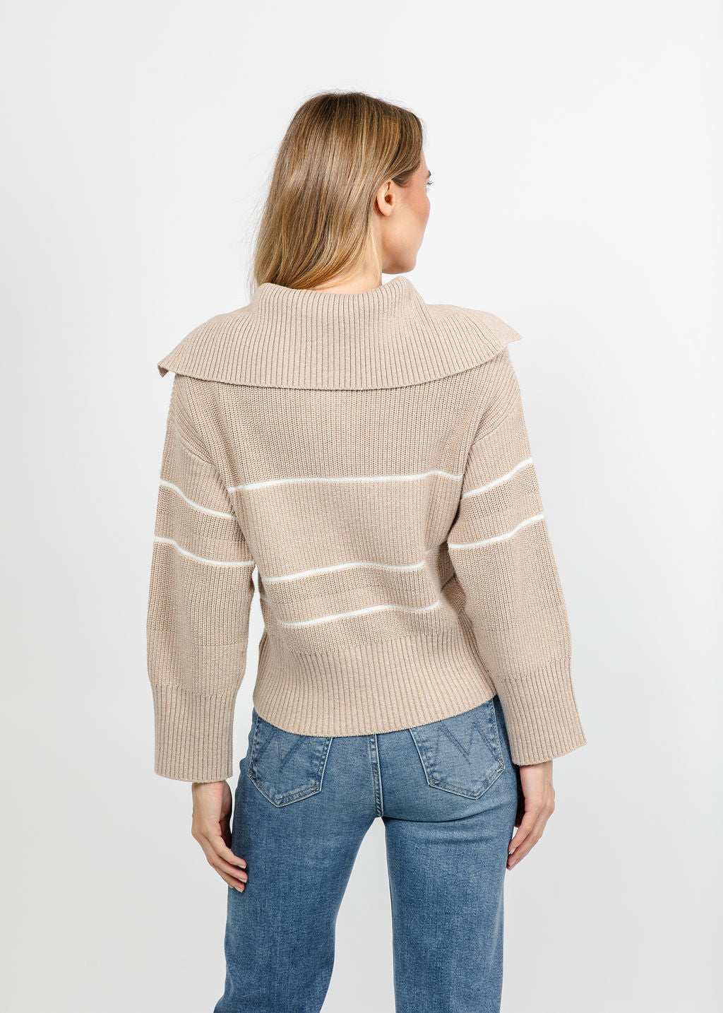 Brodie Half Cardi Striped Polo - Latte Marl/Wispr White available at Barbara Katz