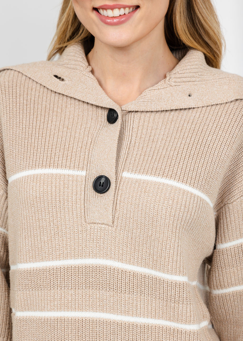 Brodie Half Cardi Striped Polo - Latte Marl/Wispr White available at Barbara Katz