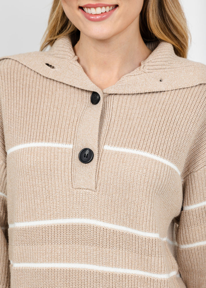 Brodie Half Cardi Striped Polo - Latte Marl/Wispr White available at Barbara Katz
