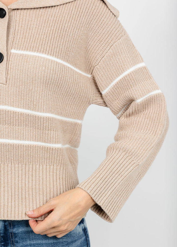 Brodie Half Cardi Striped Polo - Latte Marl/Wispr White available at Barbara Katz