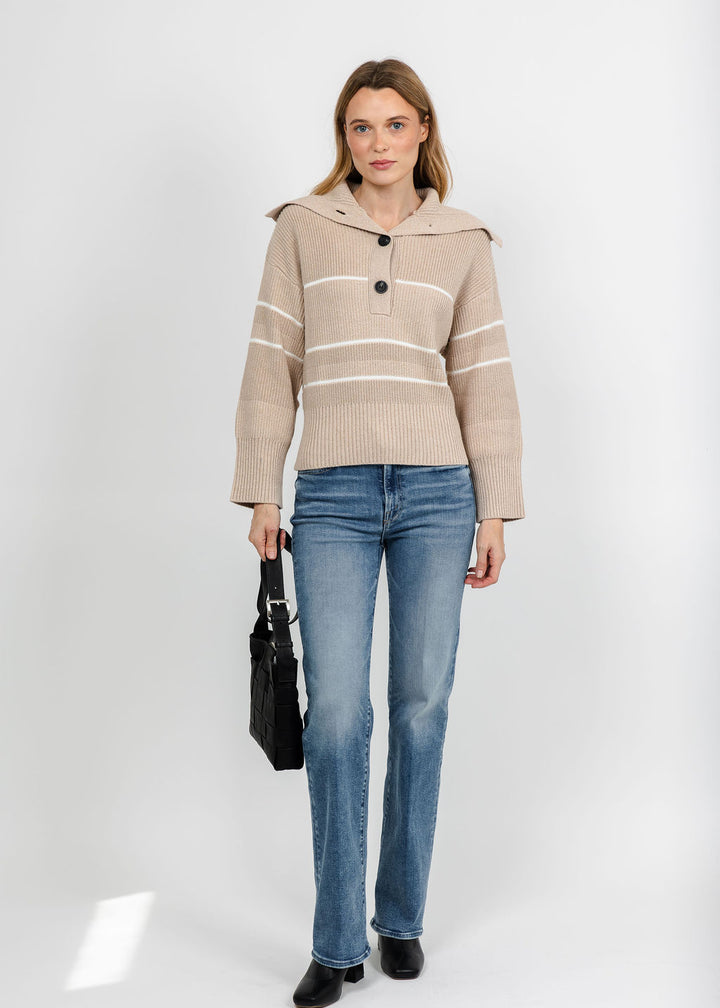 Brodie Half Cardi Striped Polo - Latte Marl/Wispr White available at Barbara Katz