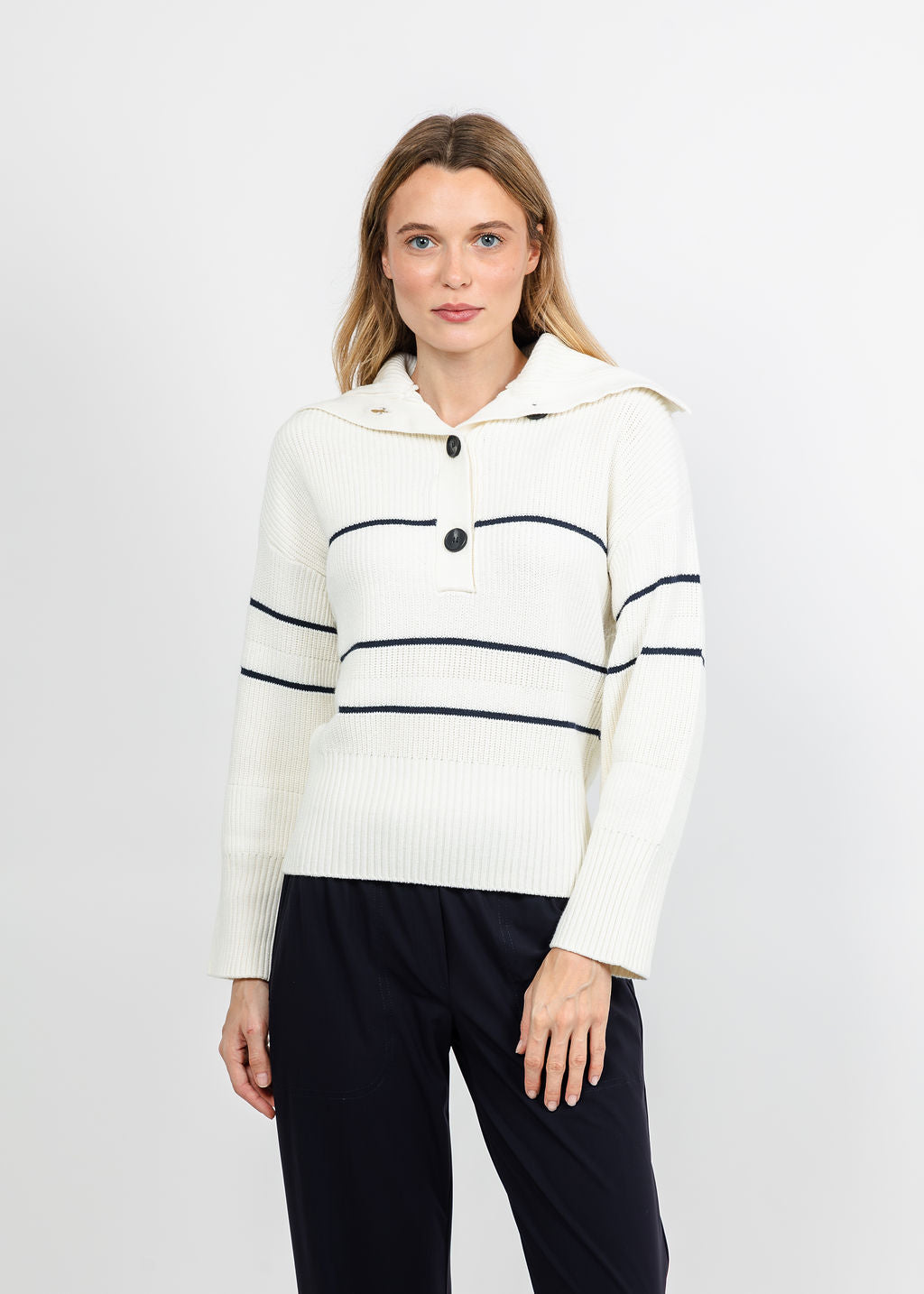 Brodie Half Cardi Striped Polo - Wispr White/Patriot Navy available at Barbara Katz