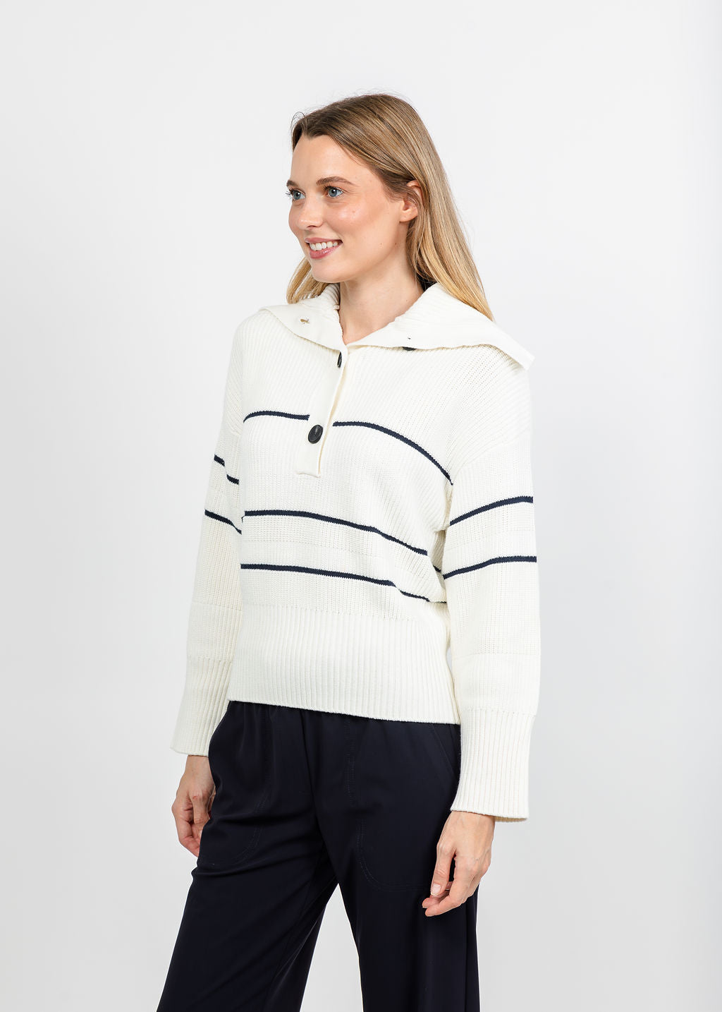 Brodie Half Cardi Striped Polo - Wispr White/Patriot Navy available at Barbara Katz