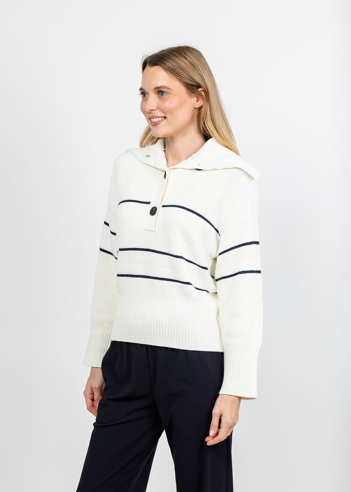 Brodie Half Cardi Striped Polo - Wispr White/Patriot Navy available at Barbara Katz