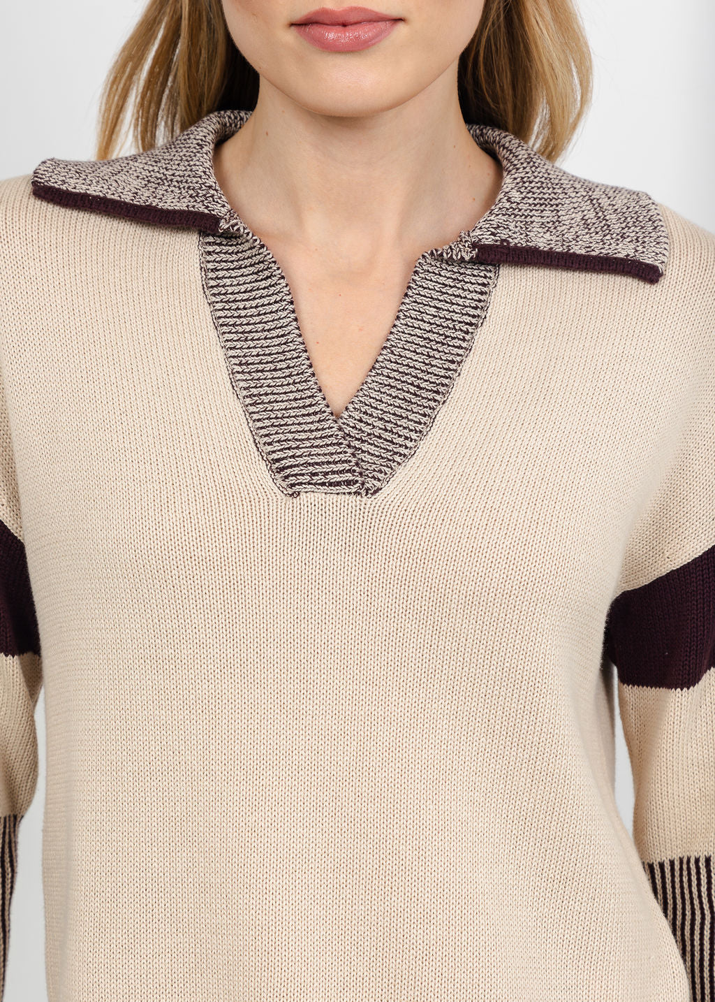 Brodie Plaited Trim Polo - Sandshell/Cocoa available at Barbara Katz