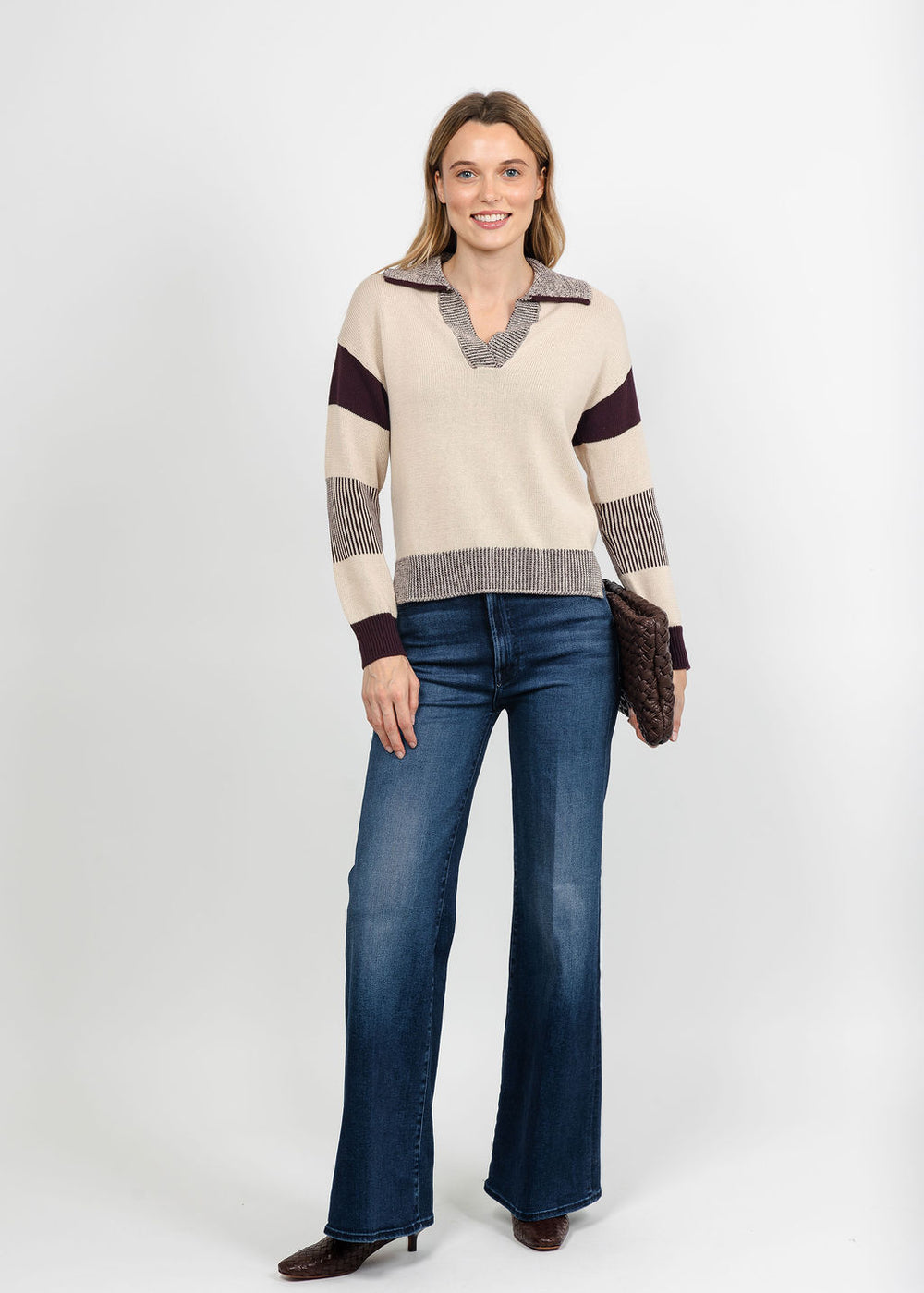 Brodie Plaited Trim Polo - Sandshell/Cocoa available at Barbara Katz