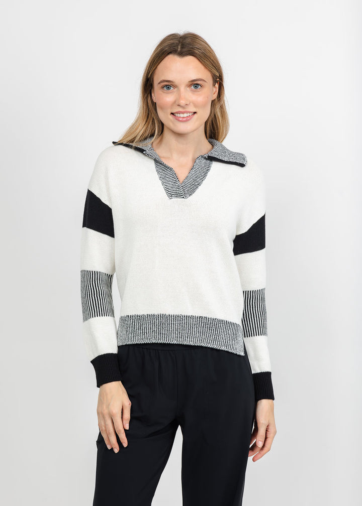 Brodie Plaited Trim Polo - Wispr White/Black available at Barbara Katz