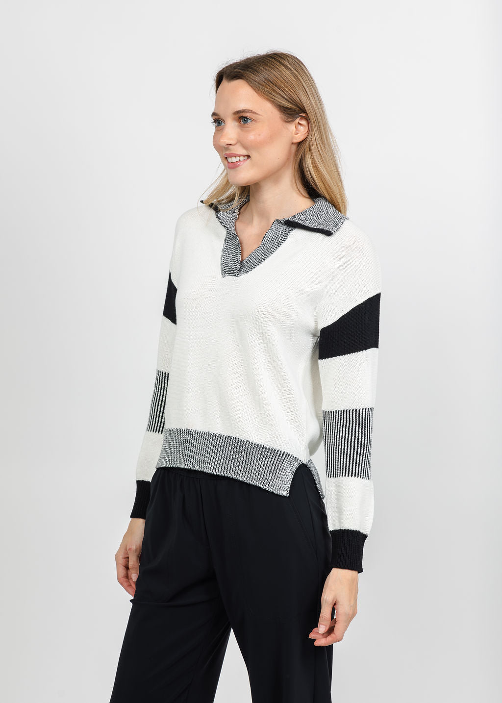 Brodie Plaited Trim Polo - Wispr White/Black available at Barbara Katz