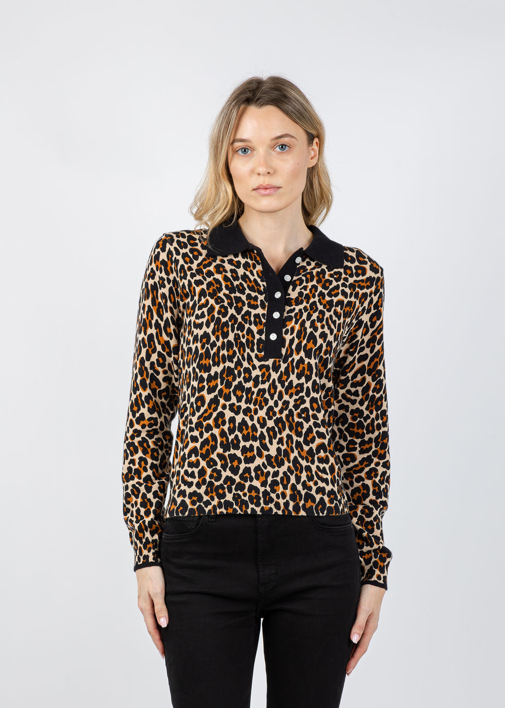 Brodie Pop Collar Leopard Polo Sweater in Light Camel/Black available at Barbara Katz