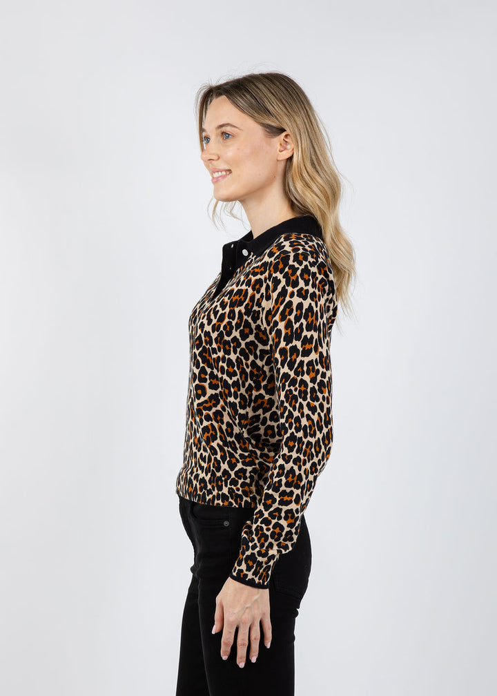 Brodie Pop Collar Leopard Polo Sweater in Light Camel/Black available at Barbara Katz
