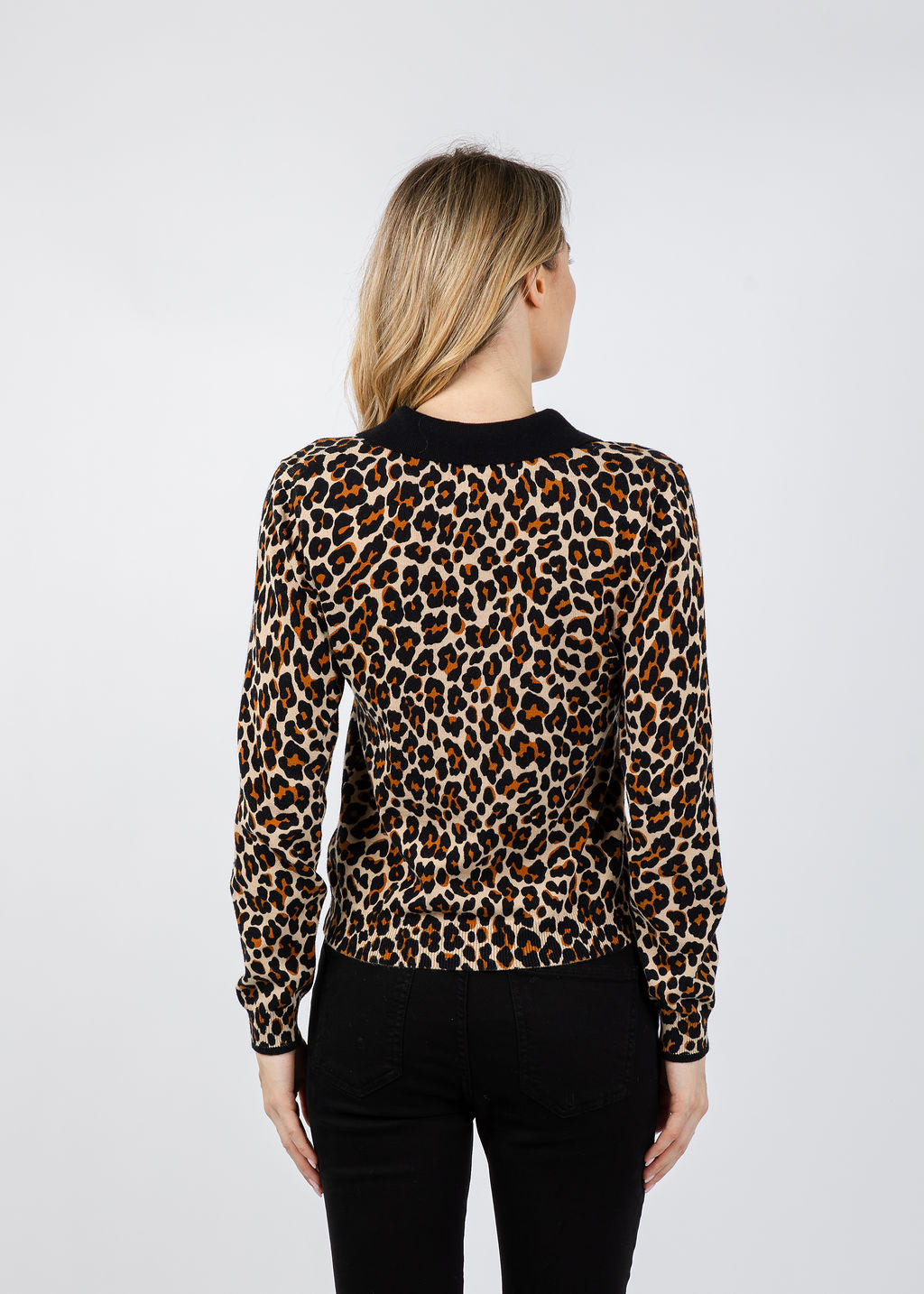 Brodie Pop Collar Leopard Polo Sweater in Light Camel/Black available at Barbara Katz