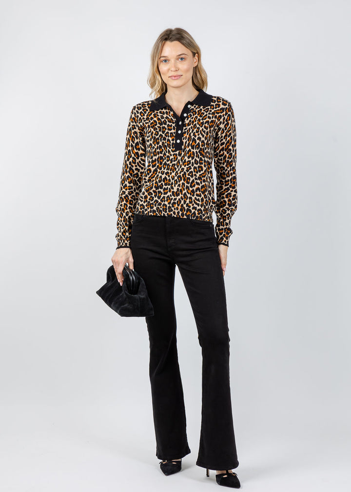 Brodie Pop Collar Leopard Polo Sweater in Light Camel/Black available at Barbara Katz