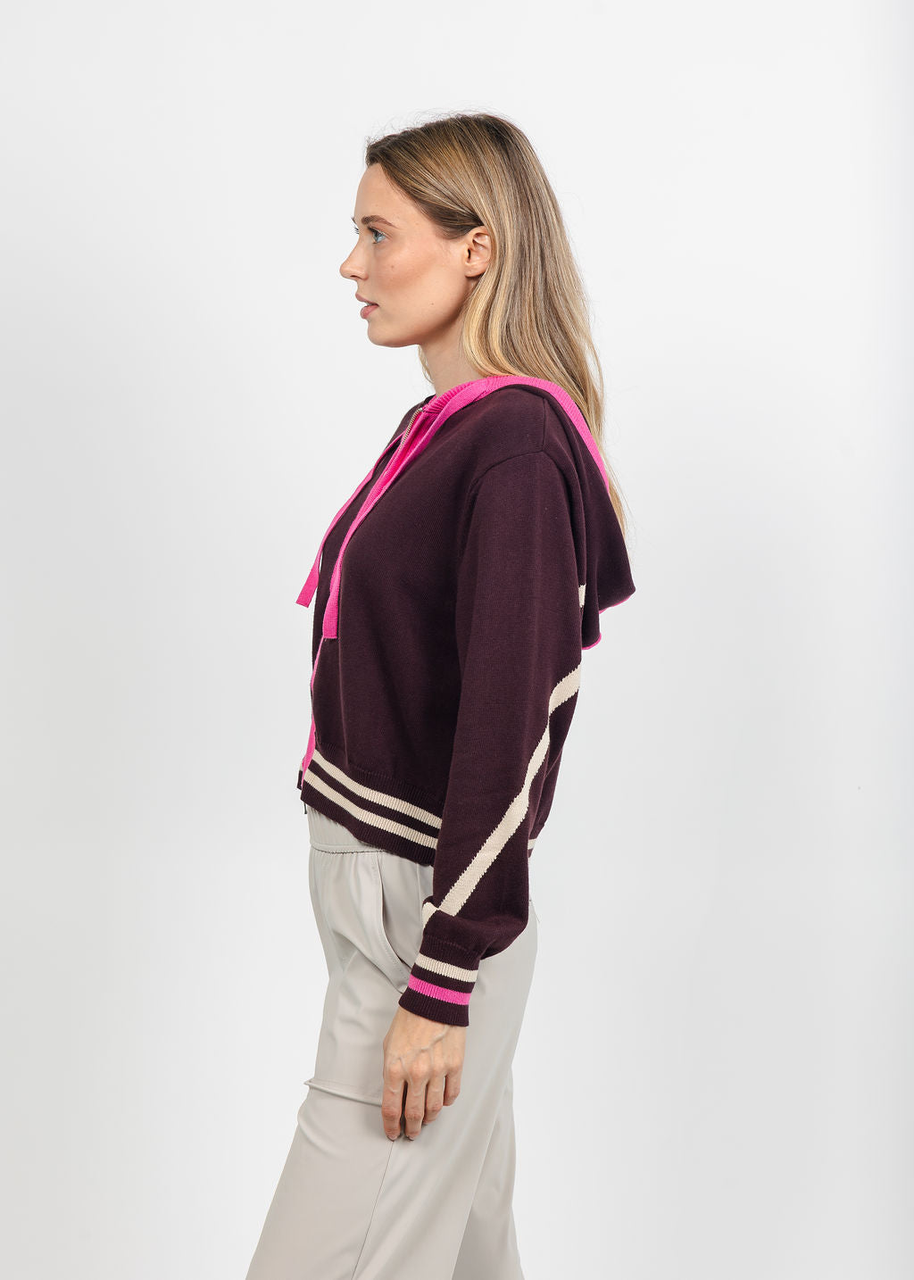 Brodie Sporty Striped Up Hoodie - Cocoa/Wild Orchid/Sandshell available at Barbara Katz