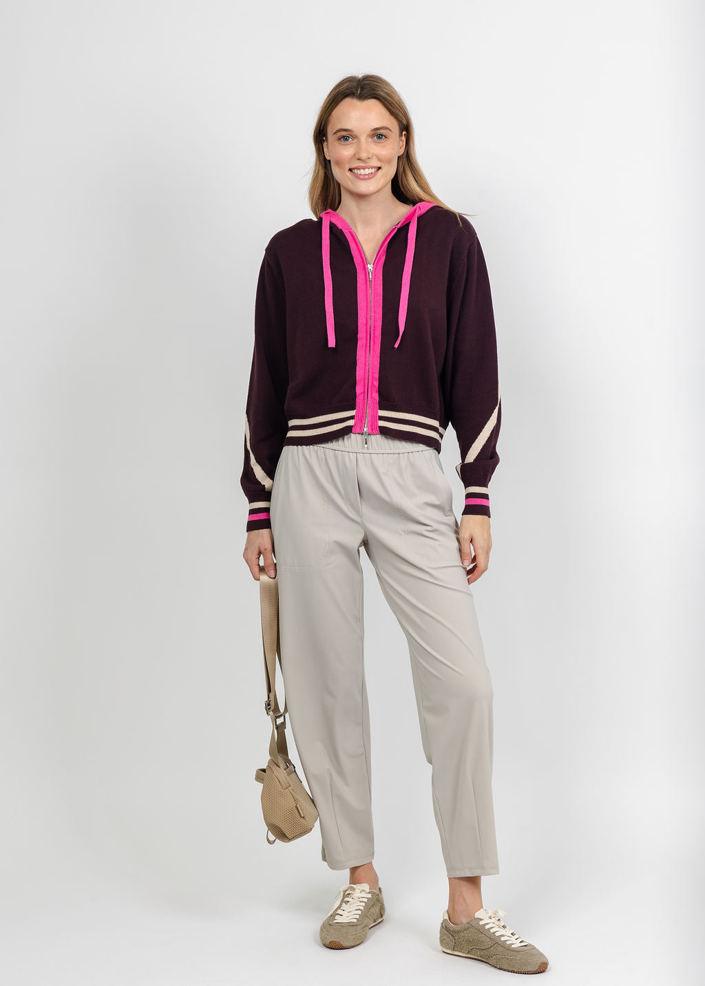 Brodie Sporty Striped Up Hoodie - Cocoa/Wild Orchid/Sandshell available at Barbara Katz