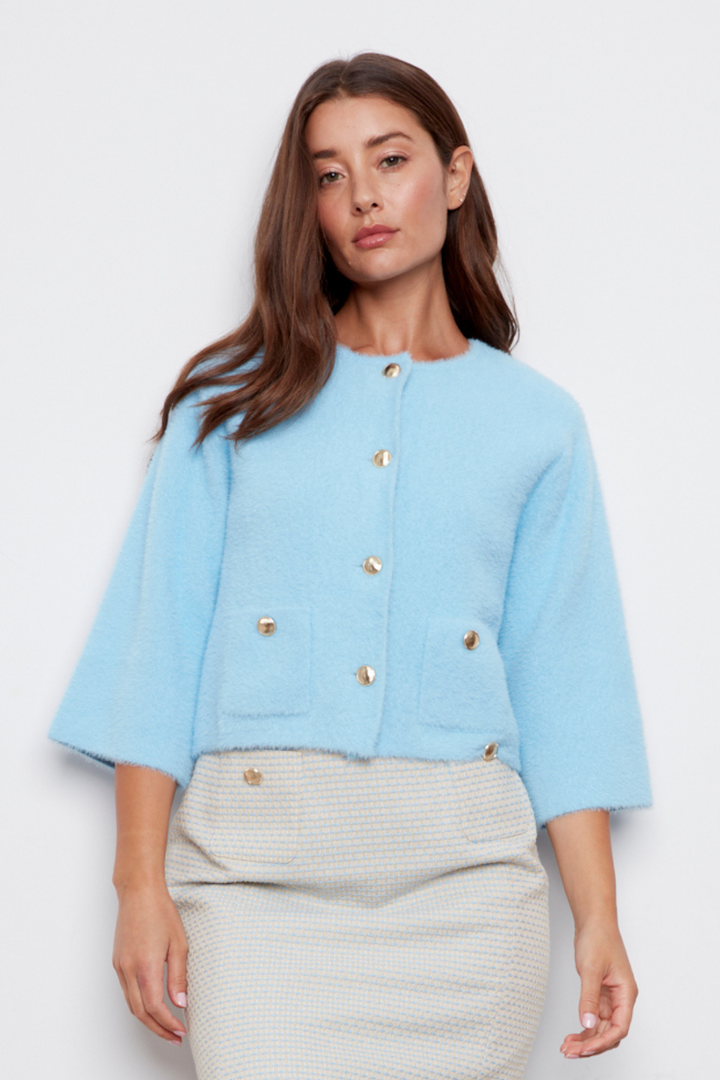 Bronte Button-front Knitted Cardigan With Patch Pockets - Light Blue