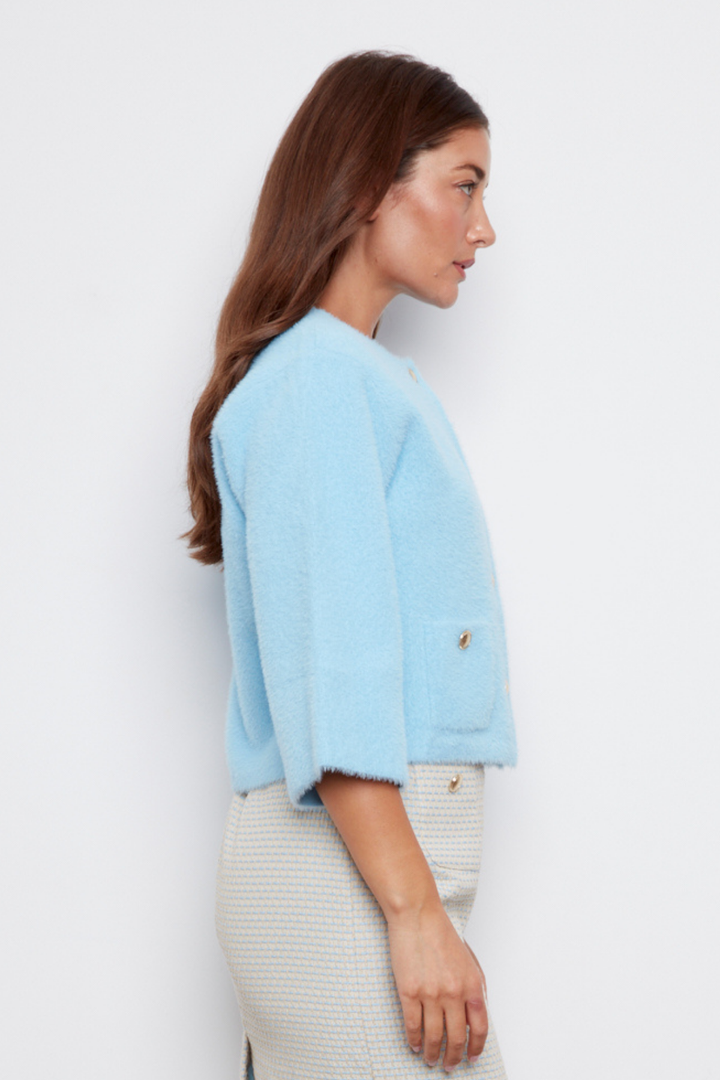 Bronte Button-front Knitted Cardigan With Patch Pockets - Light Blue