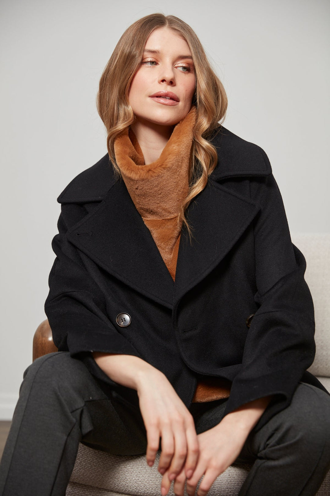 Adroit Atelier Furry Slip-on Faux Fur Dickey in Camel available at Barbara Katz