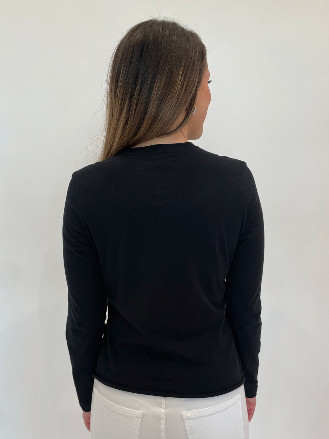Suzy T Pearl Detail Crew T-Shirt in Black available at Barbara Katz