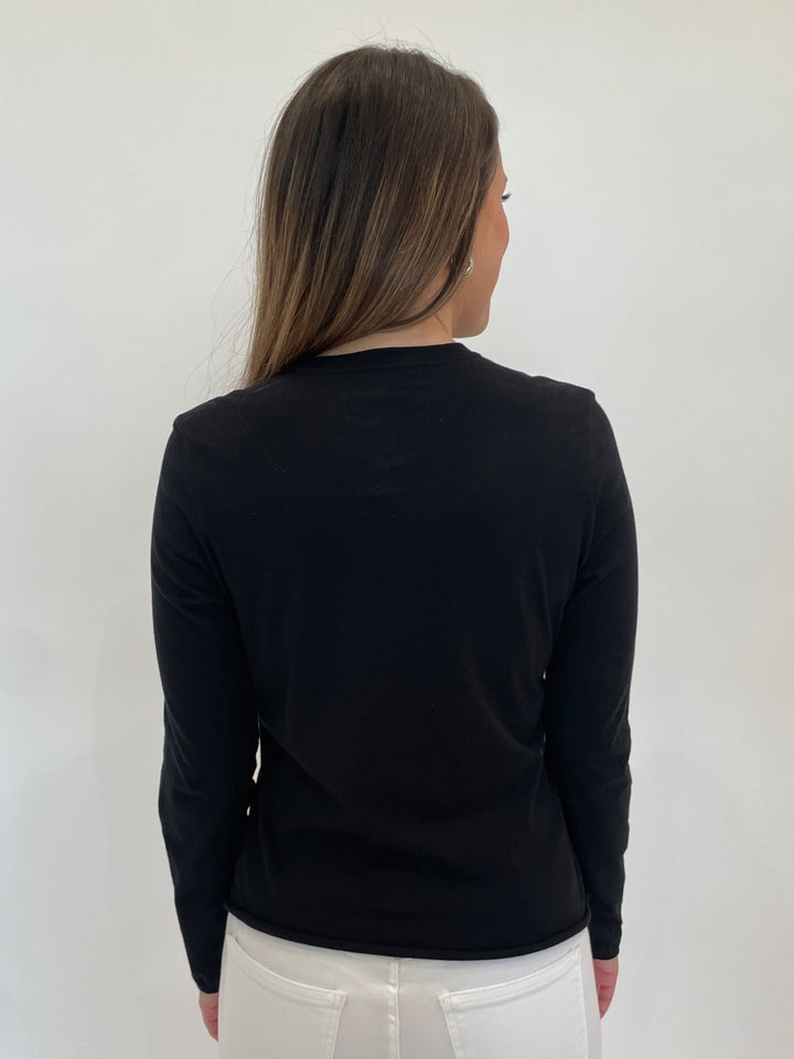 Suzy T Pearl Detail Crew T-Shirt in Black available at Barbara Katz