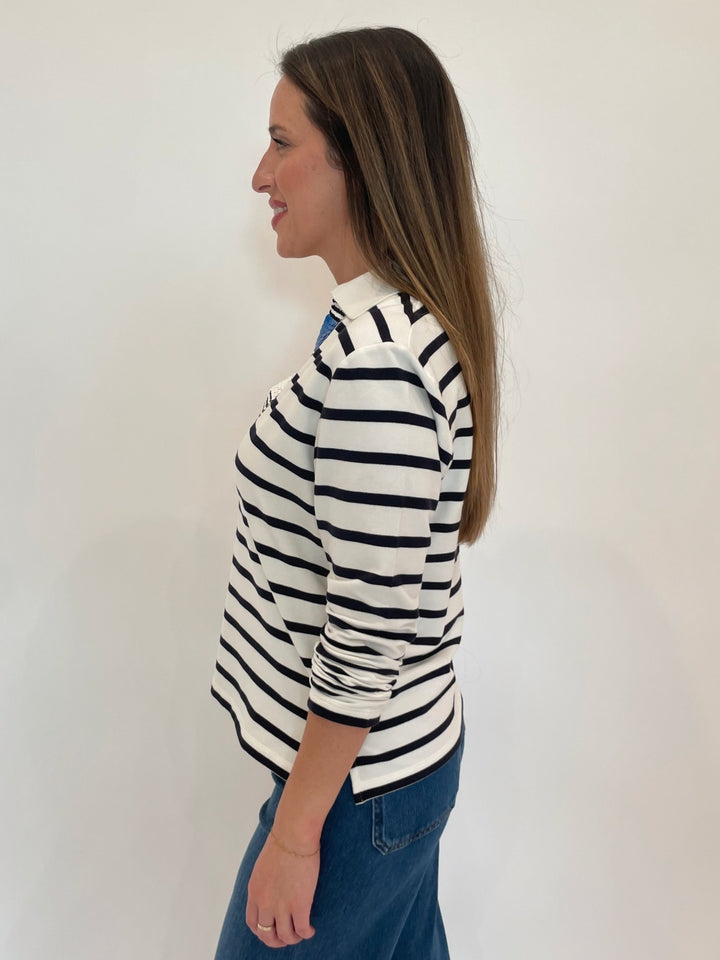 Margittes Sequin Trim Long Sleeve Stripe Polo in Marine available at Barbara Katz