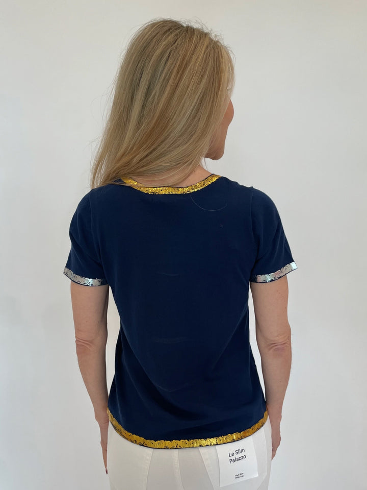 Peace of Cloth Navy Sonya Short Sleeve Crew Top With Foil Trim available at Barbara Katz