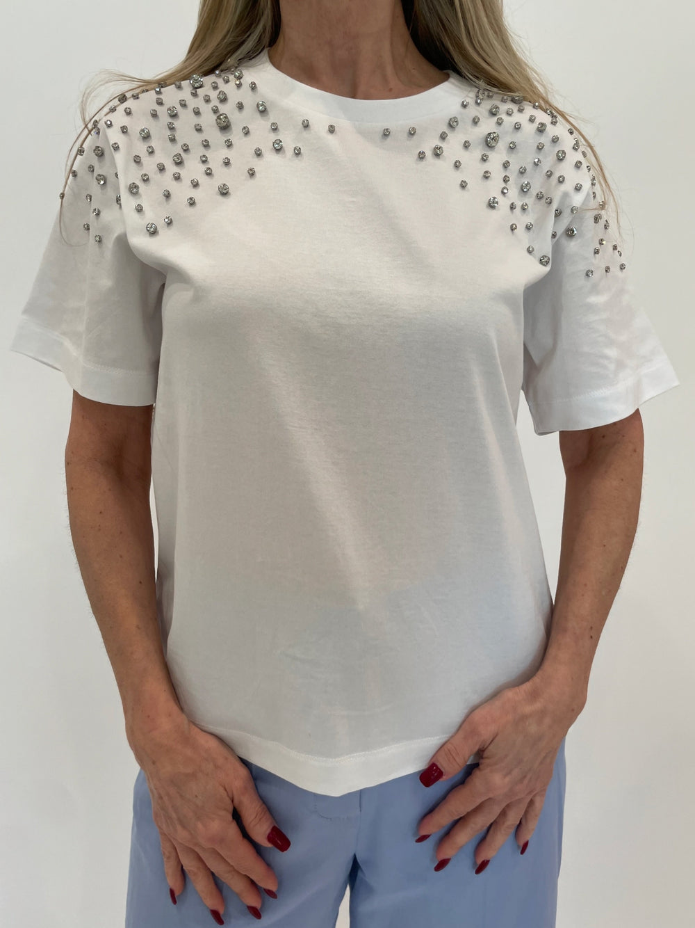 Marella Feluca T-Shirt With Crystals in Optical White available at Barbara Katz