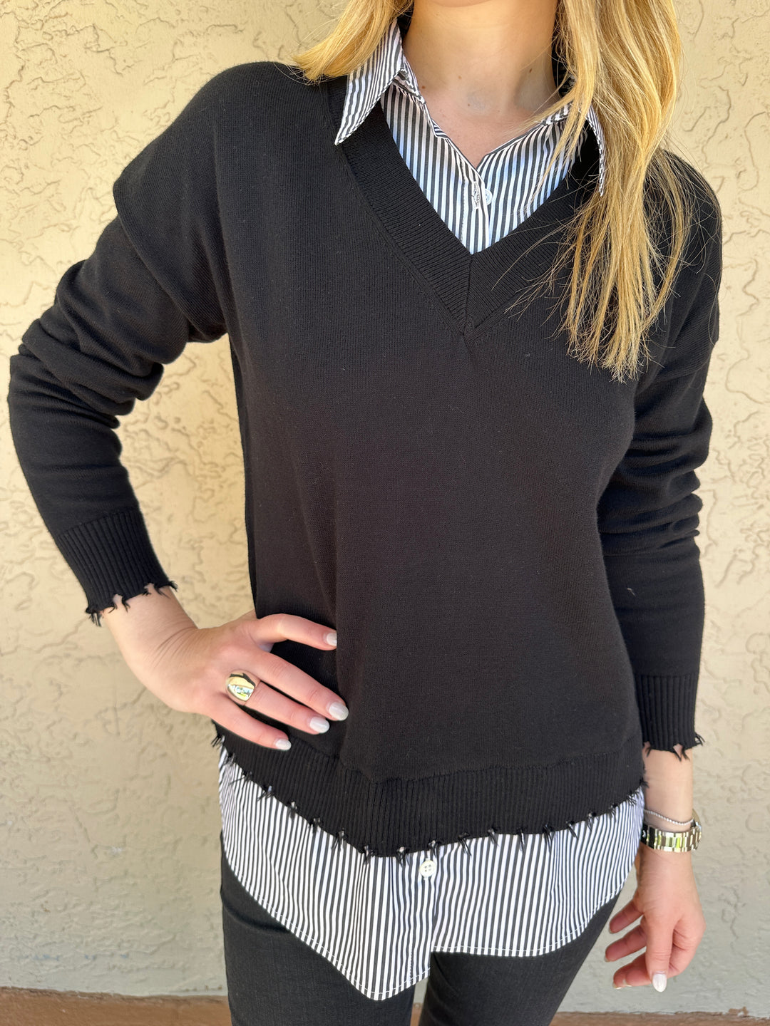 J Society Long Sleeve Stripe Twofer Layered Sweater - Black