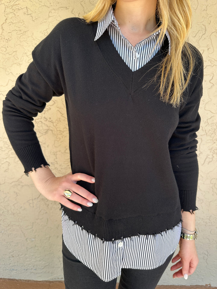 J Society Long Sleeve Stripe Twofer Layered Sweater - Black