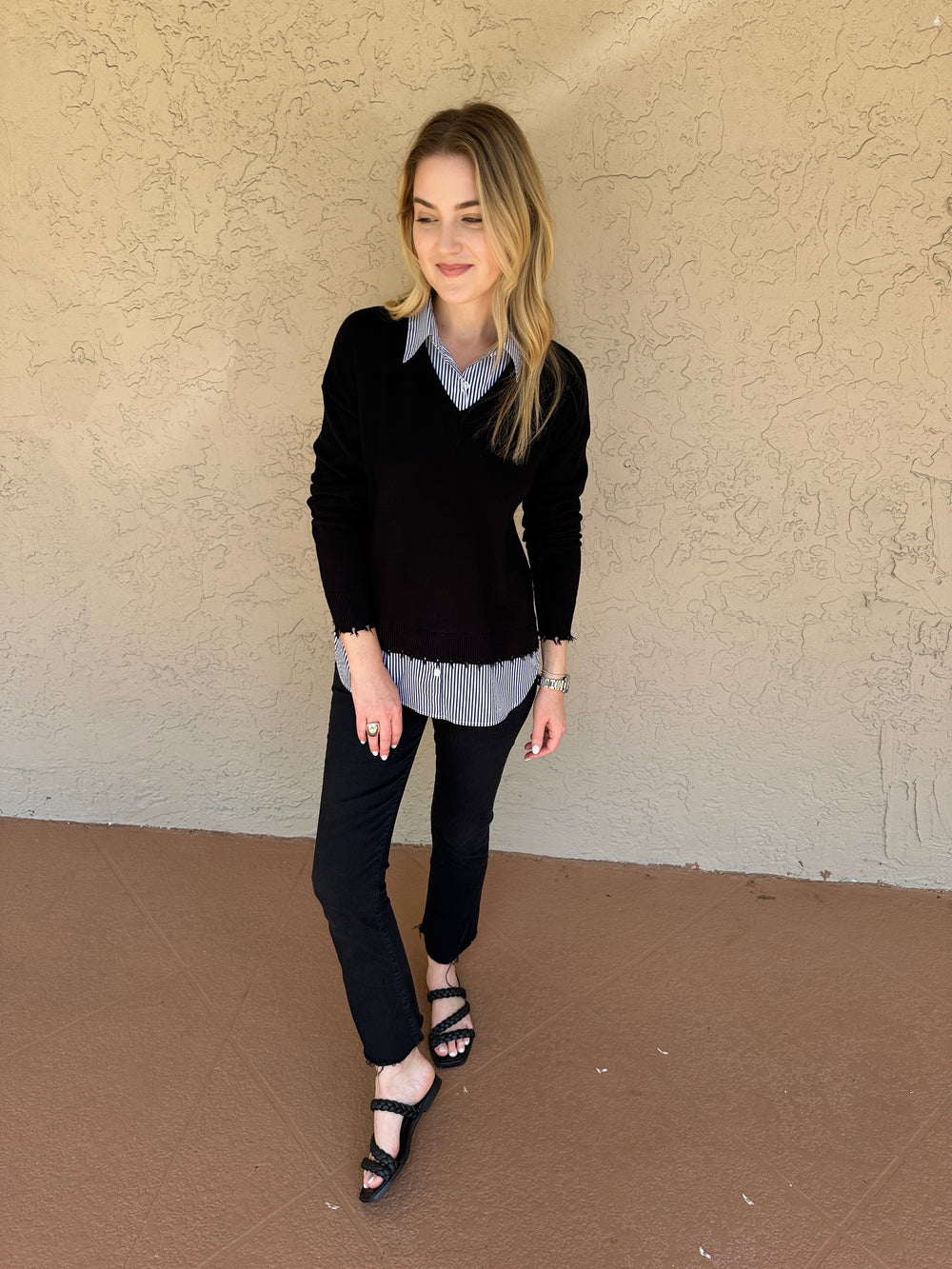 J Society Long Sleeve Stripe Twofer Layered Sweater - Black