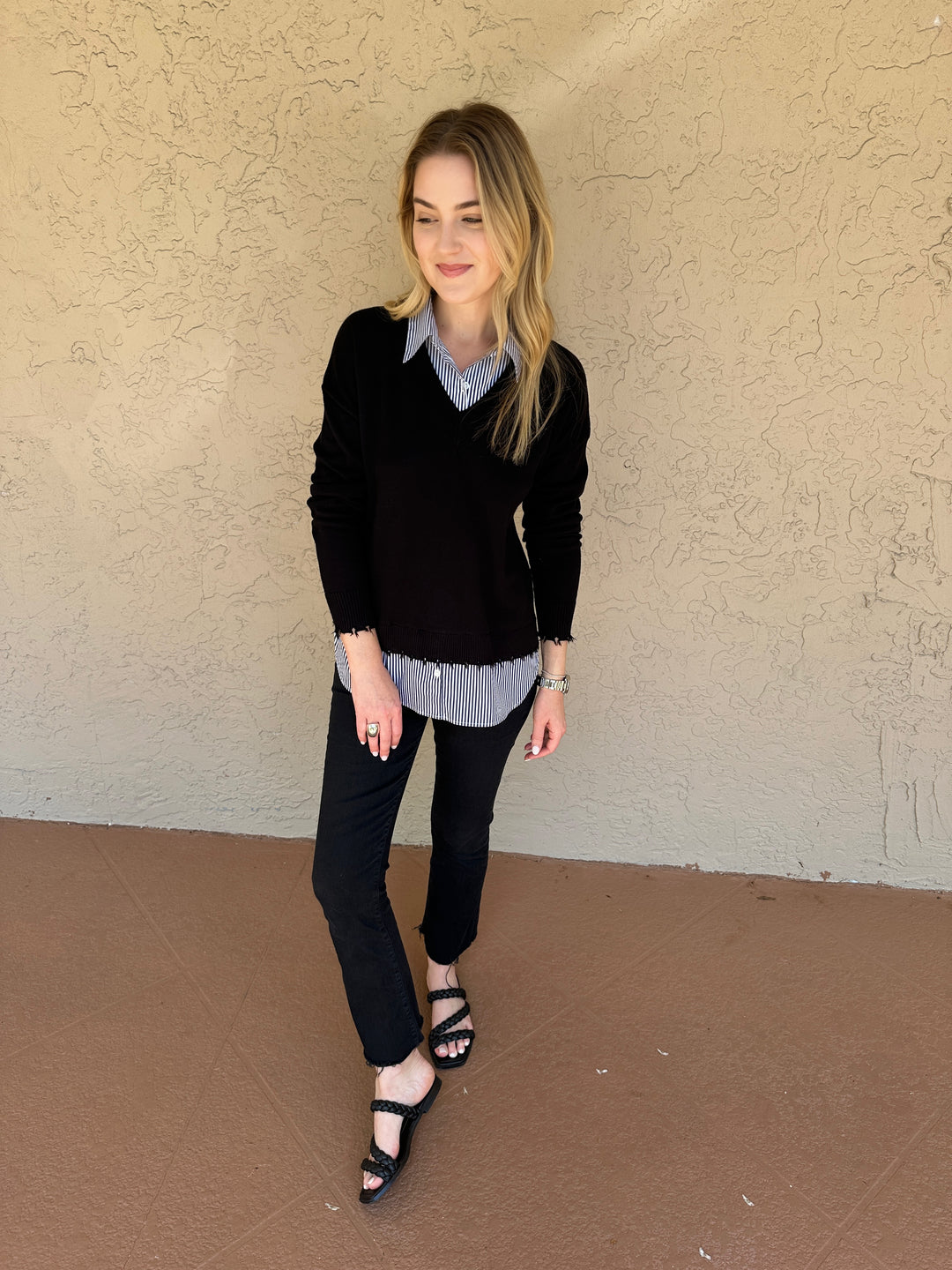 J Society Long Sleeve Stripe Twofer Layered Sweater - Black